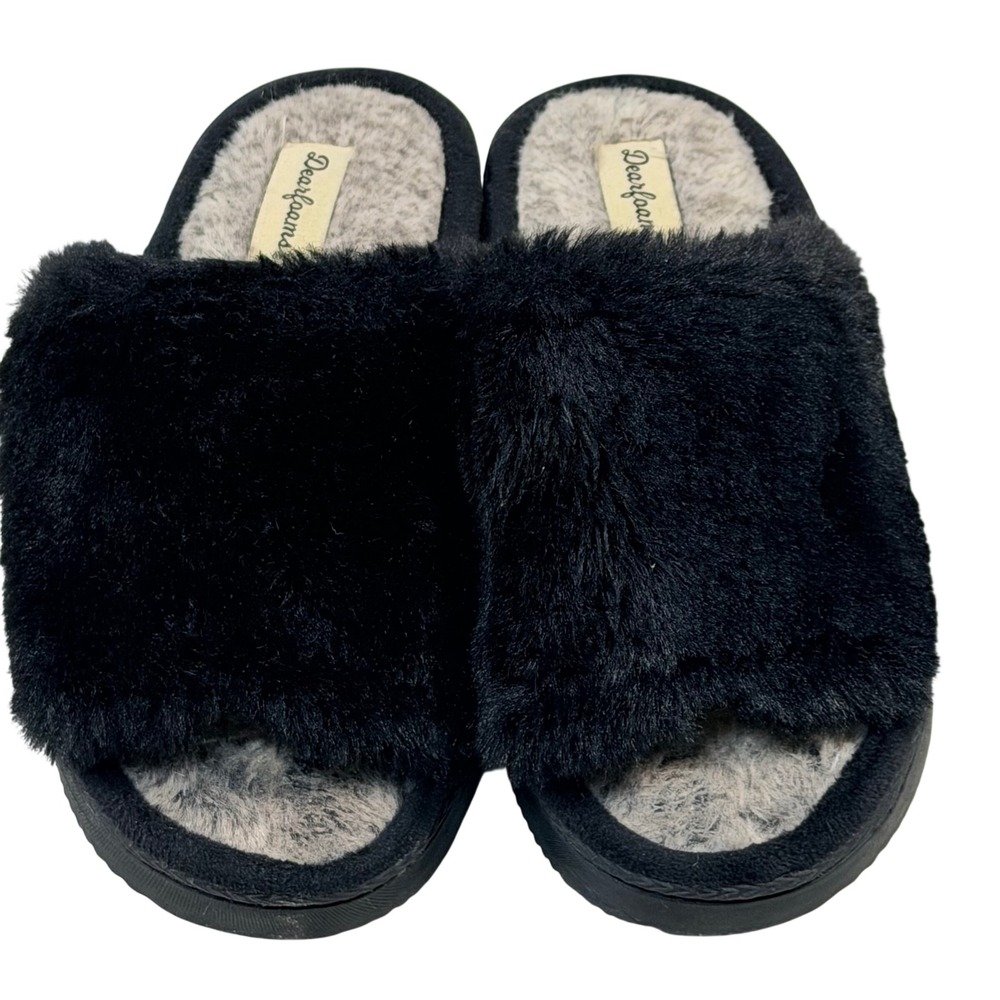 Dearfoams Womens Black Faux Fur Slide Slippers Size Small 5-6 Cozy Lounge Shoes